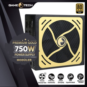 GAMETECH 750WATT 80 PLUS GOLD 14CM SESSİZ FAN MODÜLER POWER SUPPLY